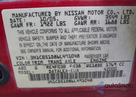 2006 Nissan Sentra 1.8S из США, поврежденный, VIN 3N1CB51D86L491048